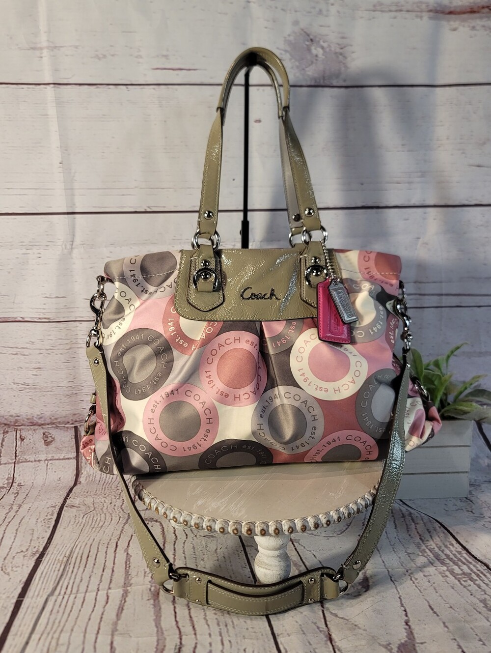 Coach Ashley Dot Op Art Satchel Shoulder Bag F15504 Pink Gray Vanilla Light Gray